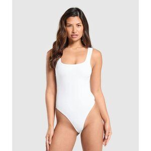 Gymshark Womens Cotton Tong  Bodysuit S Muscle Fit White NWT Square Neck